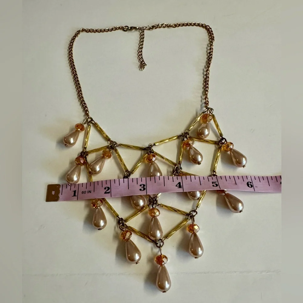 Handmade Bib necklace.Feminine faux pink pearls and orange beads.Costume jewelry